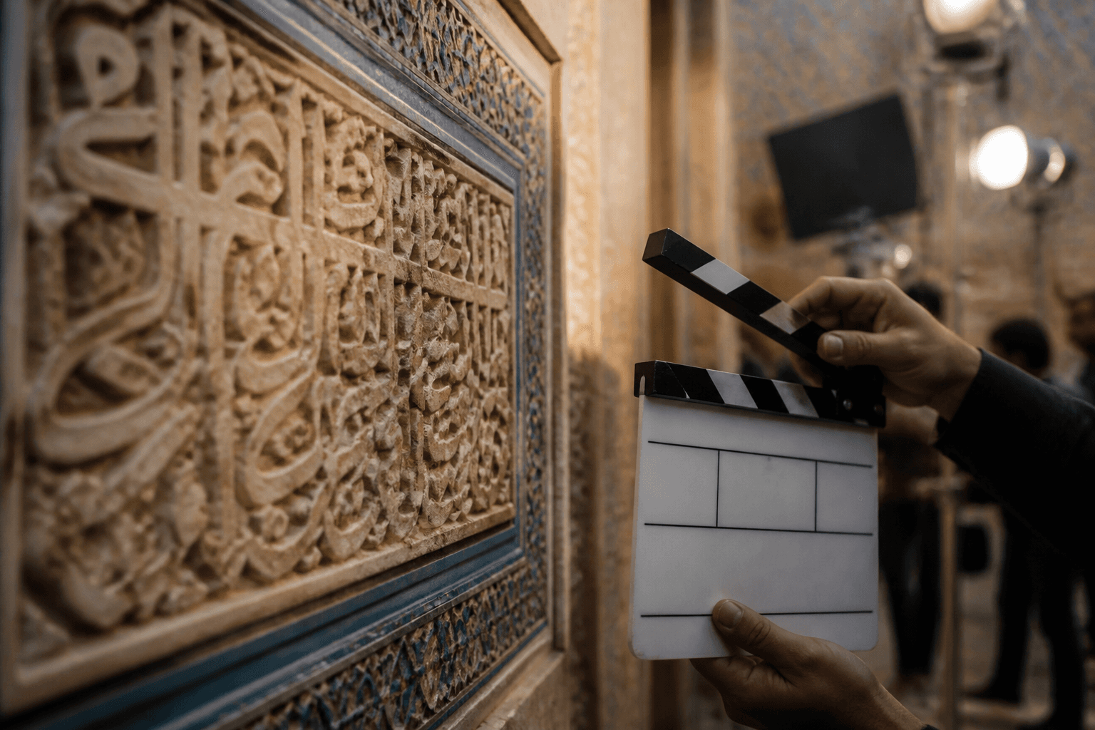 Arabic calligraphy panel beside a film clapperboard on set