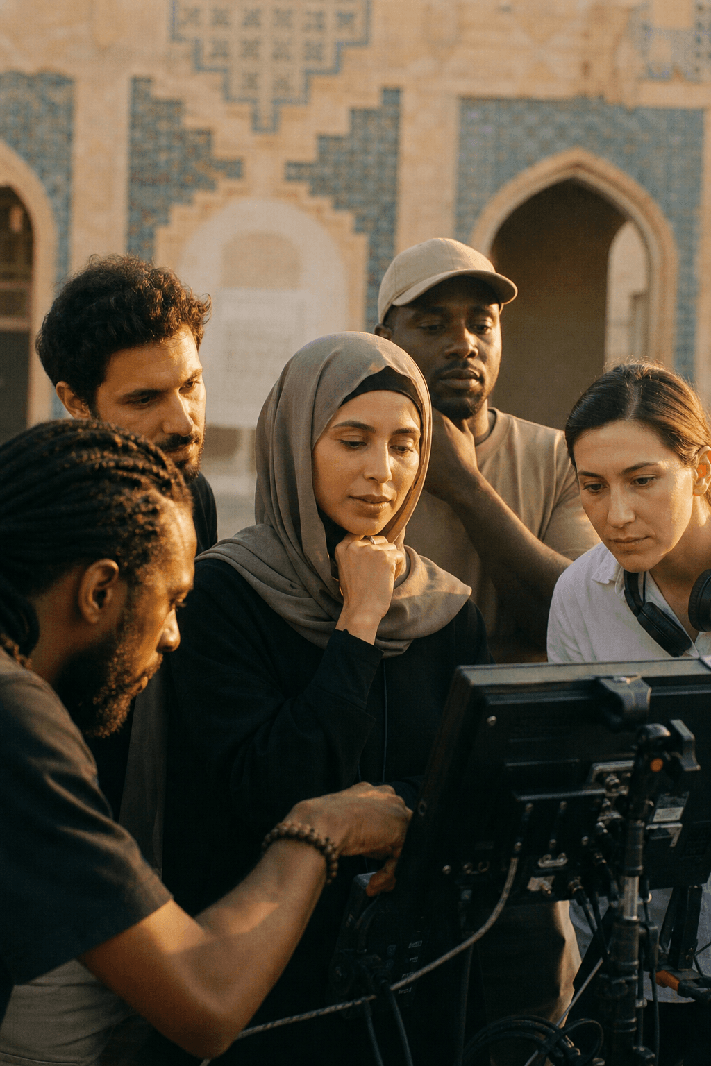 Hijabi film director reviewing a monitor on set with crew