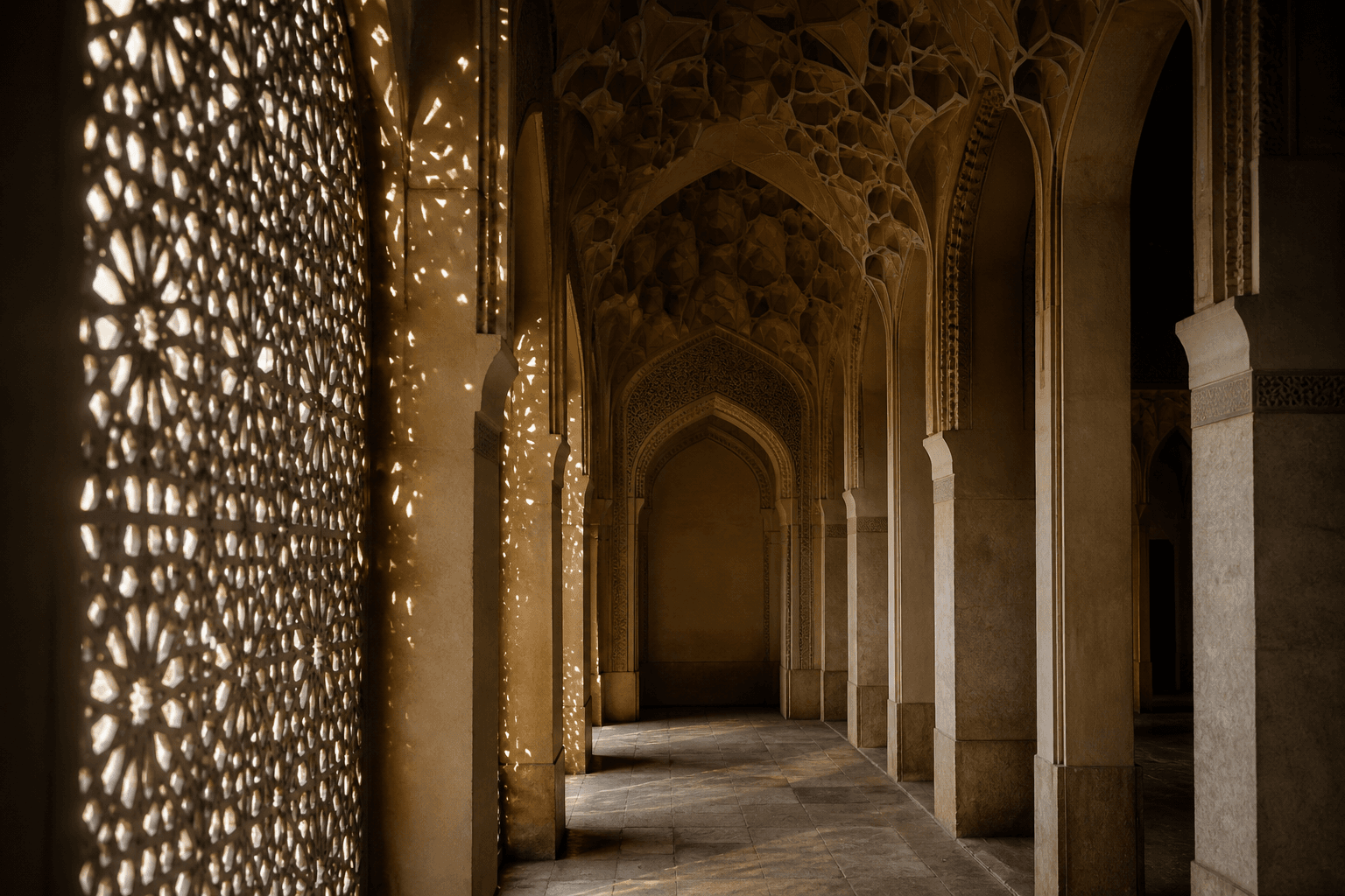 Geometric light inside historic Islamic architecture
