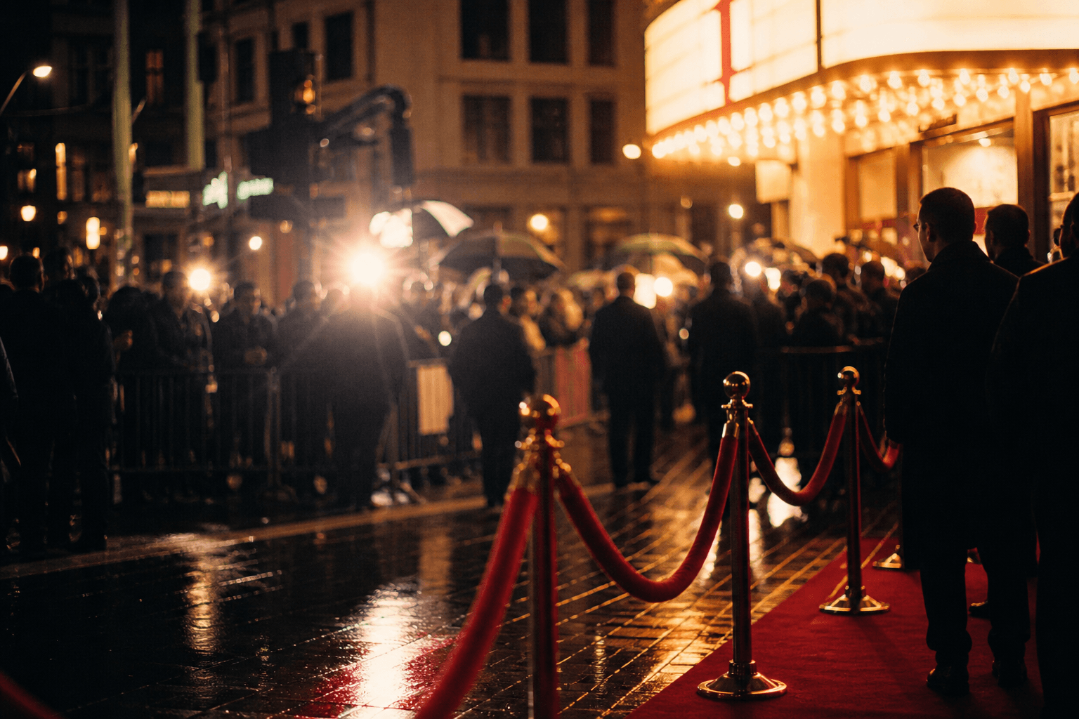 Film premiere crowd and marquee light outside a cinema